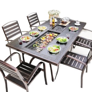 Cast Aluminum Outdoor <b>BBQ</b> <b>Table</b> Set 6 Seater Garden Furniture With Grill And Tea Station For Patio Backyard Use - Product Image 1