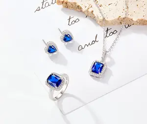 Luxury Fine Jewelry Square Shape Blue Topaz Gemstone Pendant 925 Sterling Silver Zircon Stones Necklace Earring RingFor Women