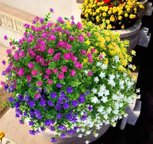 8 ikat bunga buatan seperti hidup, bunga plastik imitasi tahan UV tidak pudar untuk tanaman gantung beranda kotak jendela
