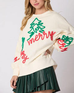 OEM Custom High Quality Women's Oversized <b>Christmas</b> Embroidered <b>Sweatshirt</b> Fashion Sweet Style 100% Cotton Pullover <b>Ladies</b> Shirt - Product Image 4