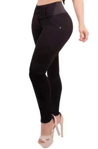 Celana <span class=keywords><strong>Jeans</strong></span> sobek untuk wanita, celana Denim pinggang tinggi elastis dengan desain unik, dekorasi lipit pas badan lima kancing - Product Image 3