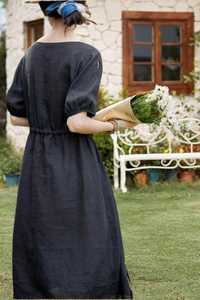 <b>Women's</b> Knitted <b>Linen</b>/Cotton Maxi A-Line <b>Dress</b> Puffed Short Sleeves V-Neck Belt Casual Breathable Eco-Friendly Washable Plus - Product Image 3