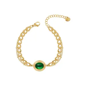 Perhiasan baja tahan karat berlapis emas 18K terbaru rantai Kuba liontin batu kaca hijau Oval untuk Aksesori Wanita Gelang b2353