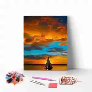 Regalo de Navidad DIY Crystal Full Drill Seascape Boat Sunset Diamond Painting Kit para adultos