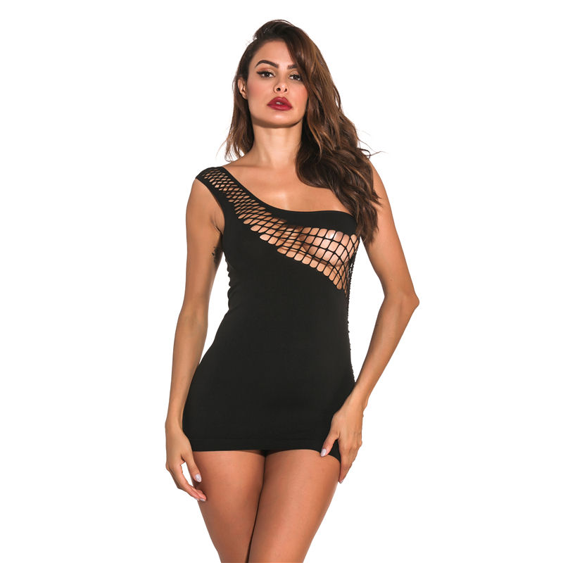 Lingeri Sexy Fishnet Women's Plus Size Black Fishnet One-shoulder Sexy Pajamas