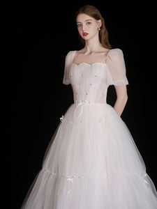 Vestido Blanco <span class=keywords><strong>de</strong></span> Línea A con Cristales Antiestáticos, Nuevo Modelo 2025, <span class=keywords><strong>para</strong></span> Novia, <span class=keywords><strong>Boda</strong></span>, Compromiso, con Velo, Certificado, Mangas Abullonadas, Estilo Dulce - Product Image 2