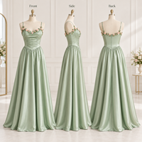 Robe longue personnalisée pour femme en satin, avec corsage froncé, appliques florales, bretelles spaghetti, taille ajustée, coupe trapèze, robe de soirée formelle