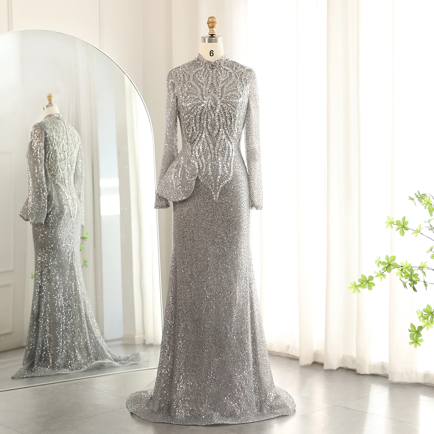 slim fit dress slacks One Shoulder Long Sleeves Grey Split Prom Dress with Pockets PG752 US2 / Custom Color