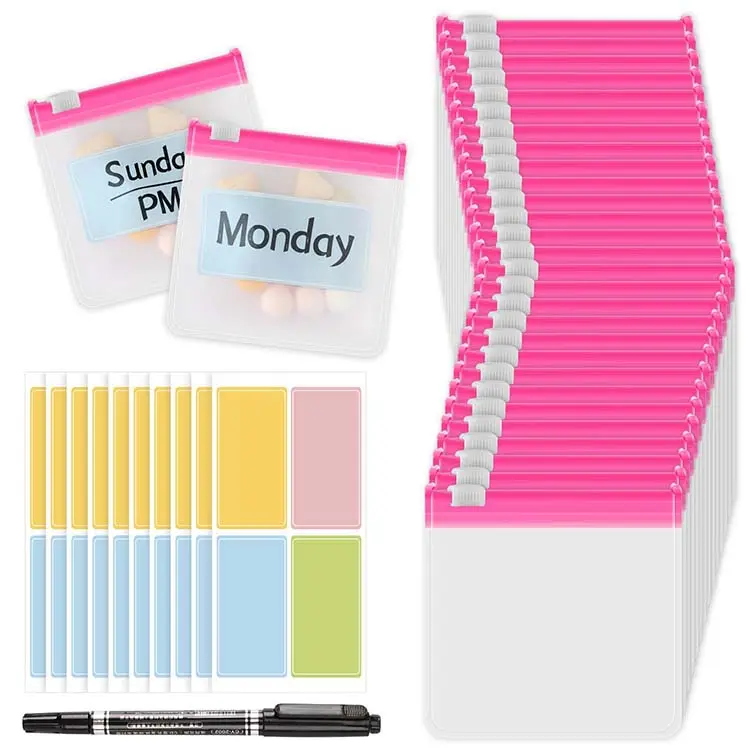 Wiederverwendbarer rosa EVA-Plastik-Pillenbehälter kleiner Medizin-Reisetaschenbeutel mit Schiebeverschluss 10 Blatt-Etiketten und 1 Stück Markierung