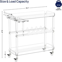 Chariot de bar en acrylique avec 4 roues verrouillables, chariot de service transparent avec porte-vin et porte-verres, design moderne pour hôtel et cuisine