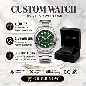 Reloj de Pulsera de Cuarzo Árabe Luminoso de Acero Inoxidable 316L de Marca Privada con Esfera de Acero Inoxidable de 42 mm, Cristal Mineral, Resistente al Agua - Product Image 1