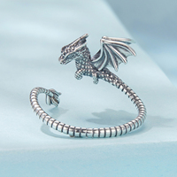 925 Sterling Silver Oxydé Silver Fashion Costume Jewelry SCR1134-E Flying Dragon Open Ring pour les célébrations