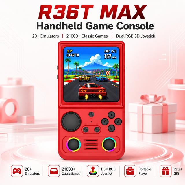 R36T MAX 20+ Emulators Handheld Game Player 21000+ Classic Games Dual RGB 3D Joystick Handheld Gaming Console for Retail Gift