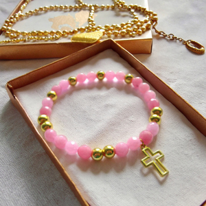 BRC2054 Dainty Arm Candy Bracelet con colgante de Cruz abierta chapado en oro de 18 quilates, pulsera de caramelo con cuentas de piedra de jade rosa a la moda - Product Image 3