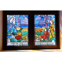 Fenêtre en verre architectural en vitrail plombé, motif eucharistique, double vitrage, panneaux de vitrail trempé