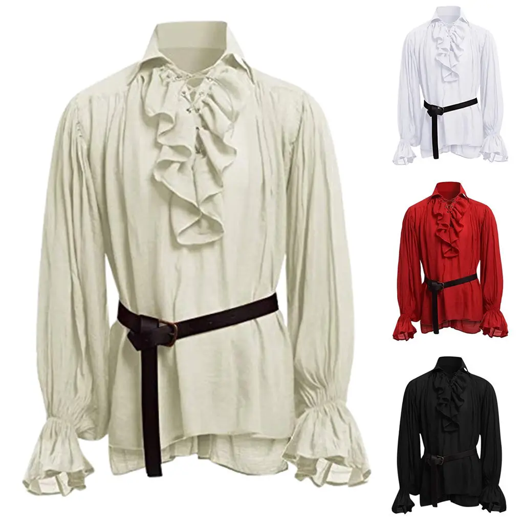 New Medieval Renaissance Lacing Up Shirt Bandage Tops For Adult Men Larp Vintage Costume Fluffy Long Sleeve For Male pants Belt