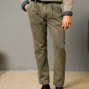 Denim personalizza <span class=keywords><strong>pantaloni</strong></span> di design bassi da <span class=keywords><strong>uomo</strong></span> con pieghe anteriori in Denim verde vecchio e lavato Jeans dritti da <span class=keywords><strong>uomo</strong></span> - Product Image 5