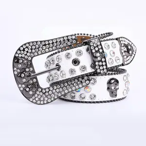 Kleurrijke Punk Mode Skull Crystal Western Gesp Mannen Vrouwen Pu Lederen Strass Studs Riemen