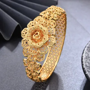 Factory Wholesale Rose Flower Design Bracelet Dubai Gold Color Bangles For Women Wedding Party Bridal Bracelet Jewelry