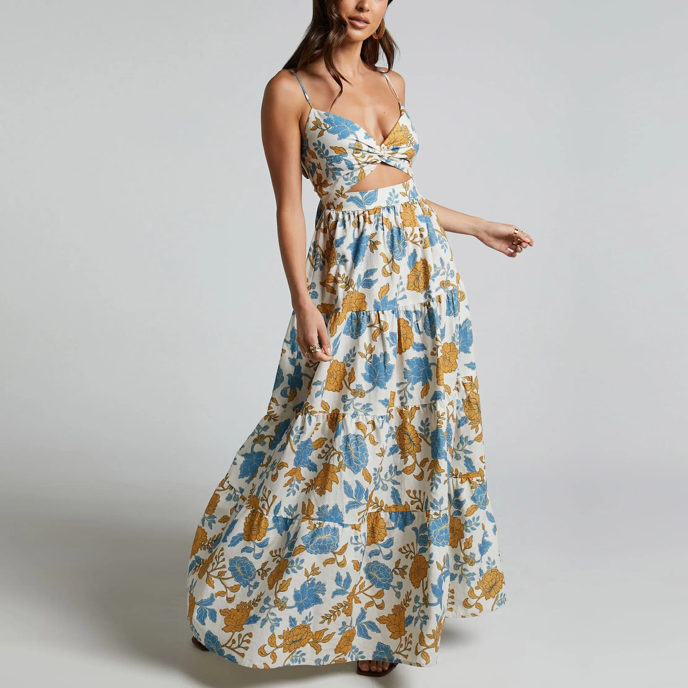 Factories Custom Boho Dresses Women Summer Clothing High Quality Hollow Out Waist Tie Up Digital Printed Linen Boho Dress