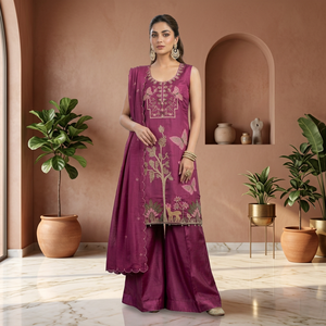 Conjunto de 3 Piezas de Ropa Étnica India al por Mayor, Kurta Bordada, Palazzo y Dupatta para Mujer - Product Image 5