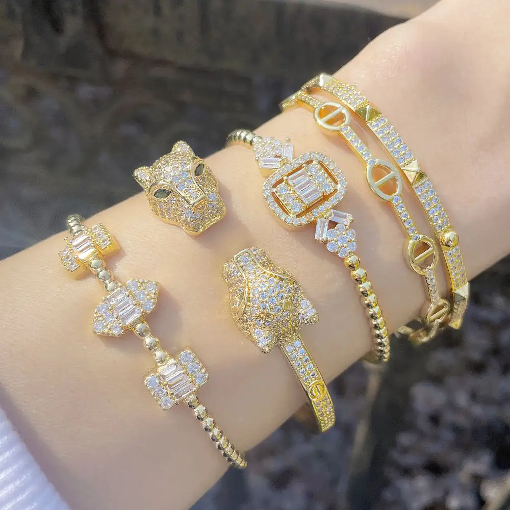 2023 Neu Übertriebener Damen schmuck echt vergoldet mit diamant verstellbarem Armreif Leoparden kopf offen Zirkon armband für Frauen