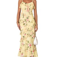 Nouvelle Robe Longue Fleurie Halter Vintage à Volants Taille Haute Ajustée pour Femme, Collection Été 2026 – Vente en Gros OEM & ODM
