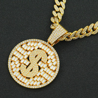 Collier pendentif rond en zircon cubain unisexe NL2257 en dollars américains, plaqué or, alliage de zinc, chaîne à maillons, cadeau