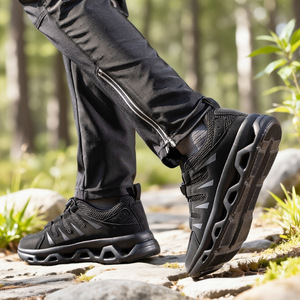 Chaussures de randonnée pour hommes et femmes, respirantes, sans lacets, pour randonnée en plein air, talon plat, noir, vert foncé, taille 36 à 46, couleur unie, semelle MD - Product Image 1