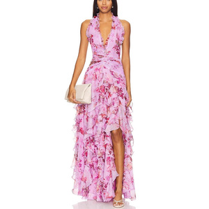 Vestido de Noche Largo con Estampado Floral para Mujer, Estilo Europeo Americano, Cuello Halter, Cintura Imperio, Plisado y Transpirable - Product Image 2