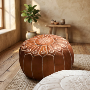 Handmade Genuine <b>Leather</b> Pouf <b>Cover</b> Embroidered Geometric Pattern Bohemian Style Drawstring Closure Customizable Home Decor - Product Image 2