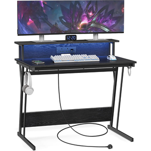 Support d'écran ergonomique OEM <span class=keywords><strong>pas</strong></span> <span class=keywords><strong>cher</strong></span>, bureau de jeu entièrement noir avec éclairage LED, <span class=keywords><strong>meilleur</strong></span> bureau d'ordinateur avec étagère pour moniteur - Product Image 1