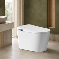 WC intelligent allongé blanc mat, à poser au sol, avec bidet intégré, siphon en P, chasse automatique, siège chauffant et télécommande