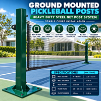 Poteau de pickleball vert thermolaqué, tube en acier 80x80 mm, hauteur 1070 mm, plaque de base 320x320 mm, montage en surface pour entraînement sur terrain
