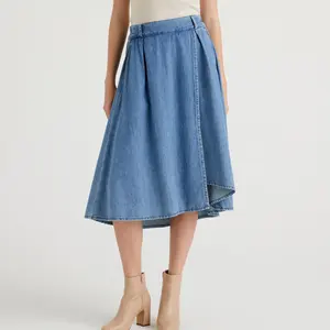 Women's Fashion Washed Denim Midi Skirt Summer Basic Lightweight Loose Wrap Jean Formal Casual Skirt for Lady