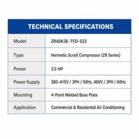 Compresseur de réfrigération ZR40K3E-TFD-522 ZR40K3E-PFJ-612/622/511 ZR42K3-PFJ-522 ZR47K3-PFJ-522 ZR36K3-TFD-522 ZR42K3-TFD-522