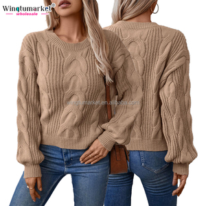 Wholesale Winter Round Neck Pullover Drop Shoulder Long Sleeve <strong>Jumper</strong> Solid Color Ribbed Striped <strong>Cable</strong> <strong>Knitted</strong> <strong>Women</strong> Sweater - Product Image 1