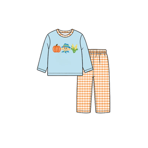 Conjunto de 2 piezas de ropa a juego para hermanos, con bordado de calabaza de Halloween y espantapájaros, pelele de manga larga para niños y niñas - Product Image 4