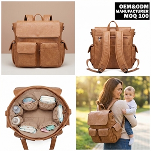 Borsa per Pannolini Personalizzata OEM/ODM in Ecopelle Vegana Marrone Chiaro Grande Capacità per Ospedale e Neonati - Product Image 1