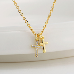 Double Layer Cross Pendant Necklace 18K Gold Plated Brass Jewelry Zircon Claw Setting Classic Link <b>Chain</b> 20inches Unisex - Product Image 4