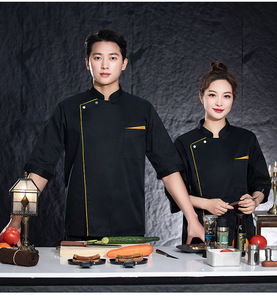 เสื้อโค้ทเชฟบาบีคิวแขนสั้นขอบทองผ้าฝ้ายโพลียูนิเซ็กส์สำหรับร้านบาร์บีคิว | ทนความร้อนปรับแต่งโลโก้ได้ - Product Image 1