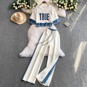 2025 Casual Summer 2-Piece Women's V-neck Short Sleeve High Waist <b>Patchwork</b> Woven Denim Tassel One Set Breathable Anti-static - Product Image 1
