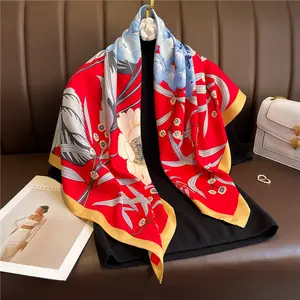 Couleur fraîche grand motif de fleurs imprimé sergé foulards en soie bandeau hijabs mode dames 90*90cm carré tudung foulard en soie femmes