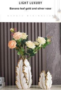 Vase de table en céramique dorée antique, décoratif, style nordique moderne, motif feuille de bananier émaillée, pour la maison, l'hôtel et le restaurant, vente en gros - Product Image 2