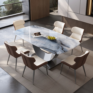 Tavolo da Pranzo Rettangolare Contemporaneo con Piano in Pietra Naturale e Base in Metallo Verniciato a Polvere per Case Moderne - Product Image 4