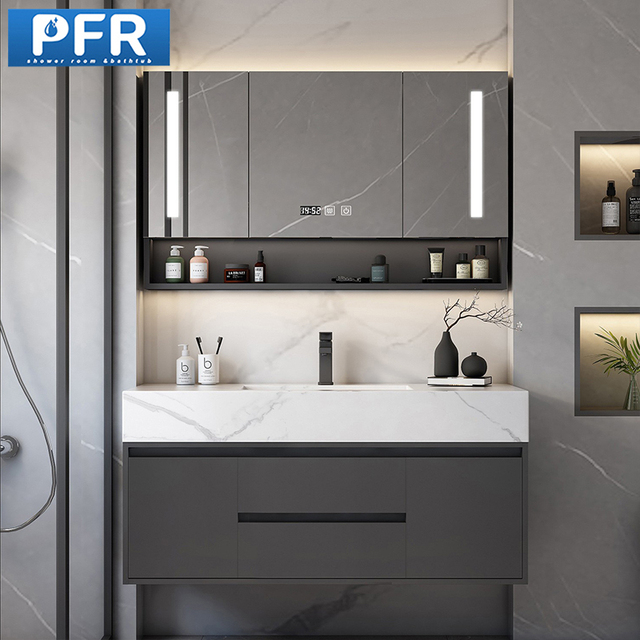 Light Luxury Simple Modern for Bathroom Vanity Set Sintered Stone Integrated LED Smart Mirror Cabinet Sink Washbasin