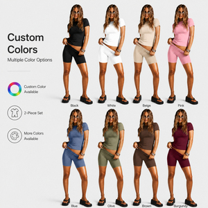 Ensemble décontracté d'été pour <span class=keywords><strong>femme</strong></span> : T-shirt ajusté à manches courtes et short cycliste – Tenue de sport deux pièces pour la gym et l'entraînement - Product Image 3