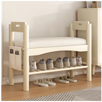 Banc à chaussures rustique en bois massif avec accoudoirs, banc de rangement à 2 niveaux en cuir PU pour entrée et couloir, banc multifonctionnel