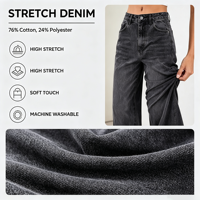 Jean noir délavé pour femme, taille haute, coupe ample, jambe large, extensible, en denim, style décontracté pour tous les jours