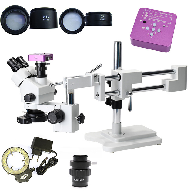 7X-45X Broad-Arm Stereo Zoom Trinocular Stereo Microscope 51MP HD Electron Microscope Industrial Camera 144 Led Light